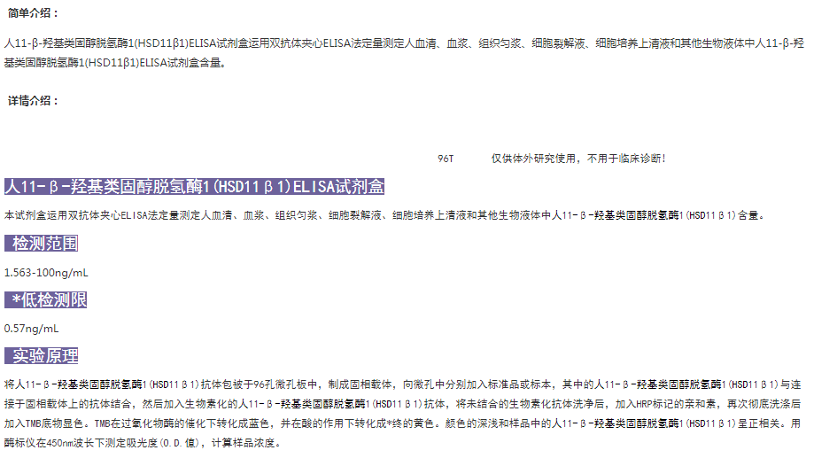 人11-β-羥基類(lèi)固醇脫氫酶1(HSD11β1)ELISA試劑盒介紹圖 人11-β-羥基類(lèi)固醇脫氫酶1(HSD11β1)ELISA試劑盒介紹圖